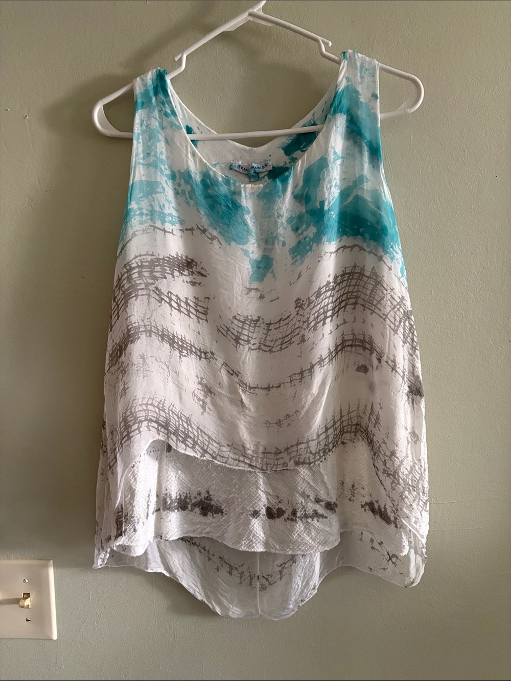 Women’s silk blend White & Teal Printed Sleeveless Tank Top S